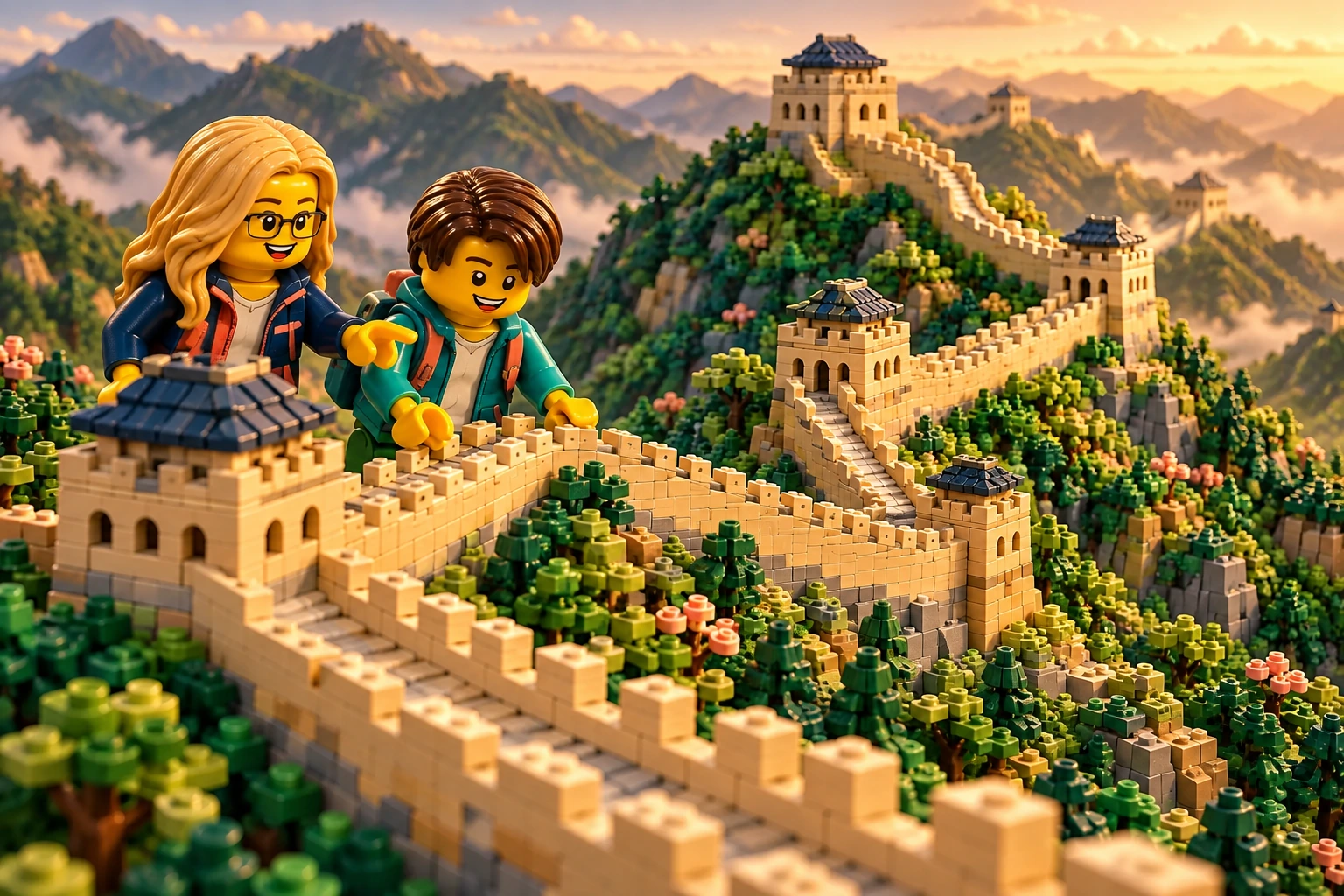 Illustration en briques : deux minifigurines découvrent une muraille à tours de guet qui suit des collines vertes.