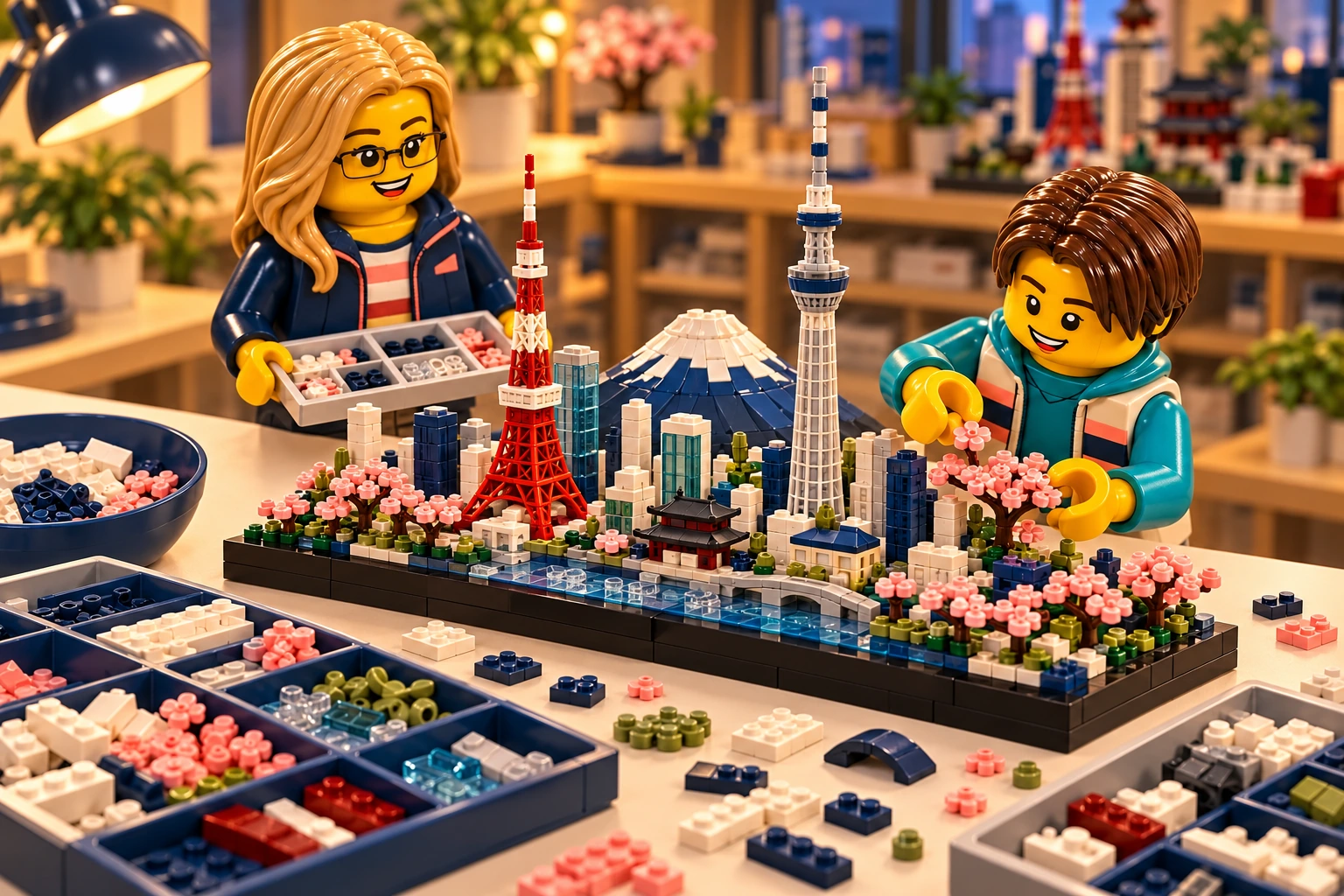 Illustration en briques : deux minifigurines assemblent une construction inspirée de Tokyo, avec des pièces triées sur une table.