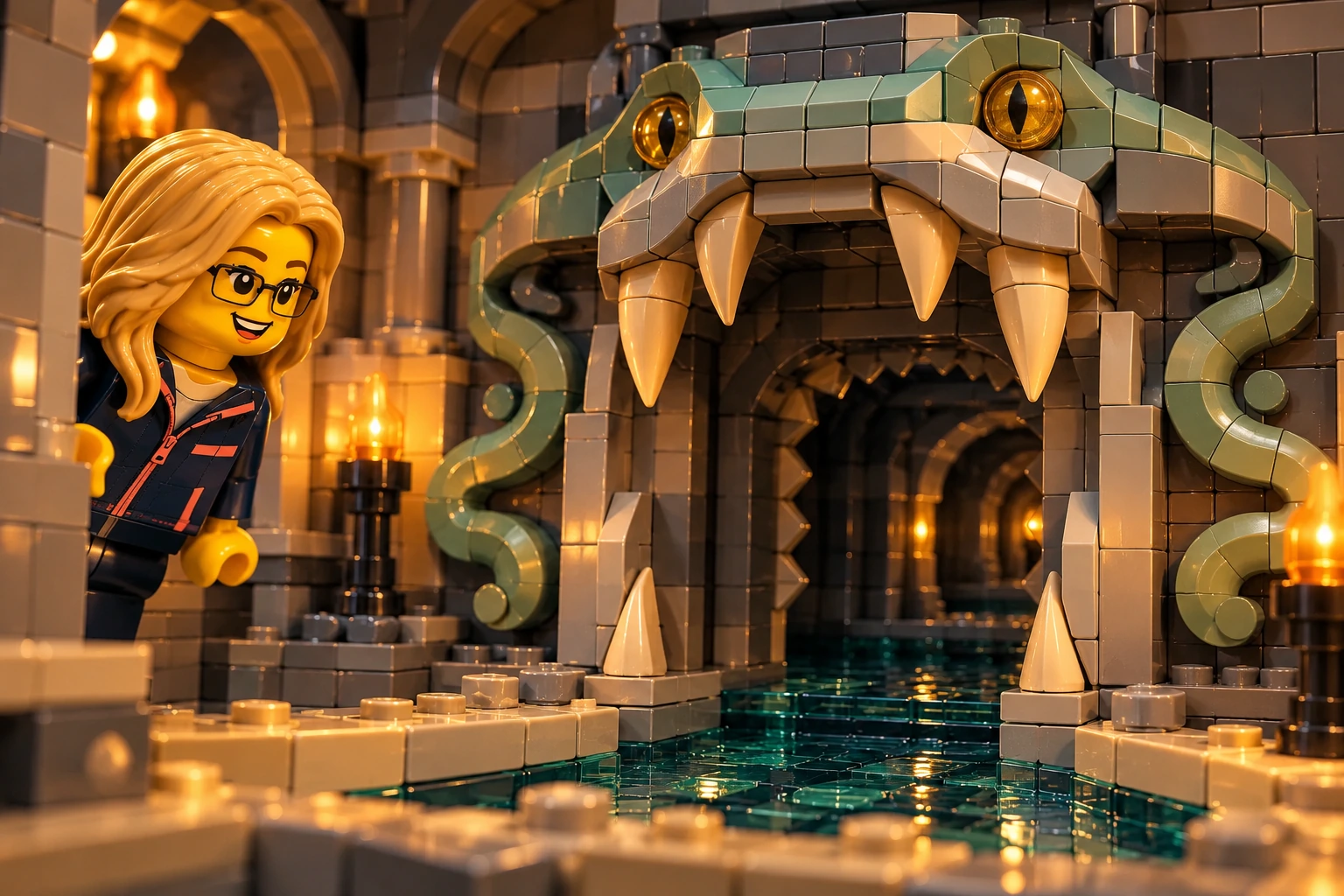 Illustration en briques : une minifigurine à lunettes observe la porte en gueule de serpent sous le château.