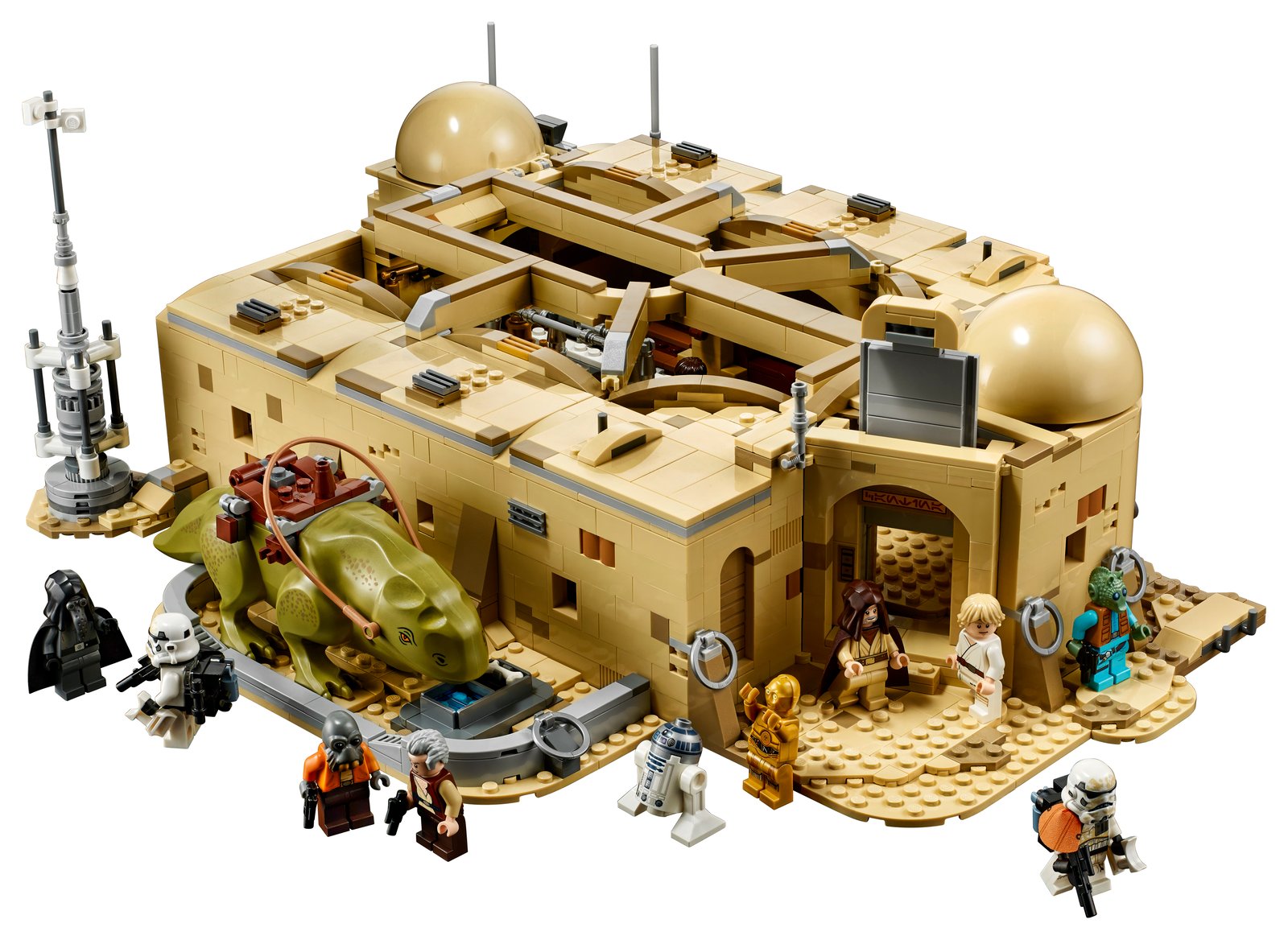 La façade de la Cantina LEGO 75290, avec le Dewback et plusieurs personnages.