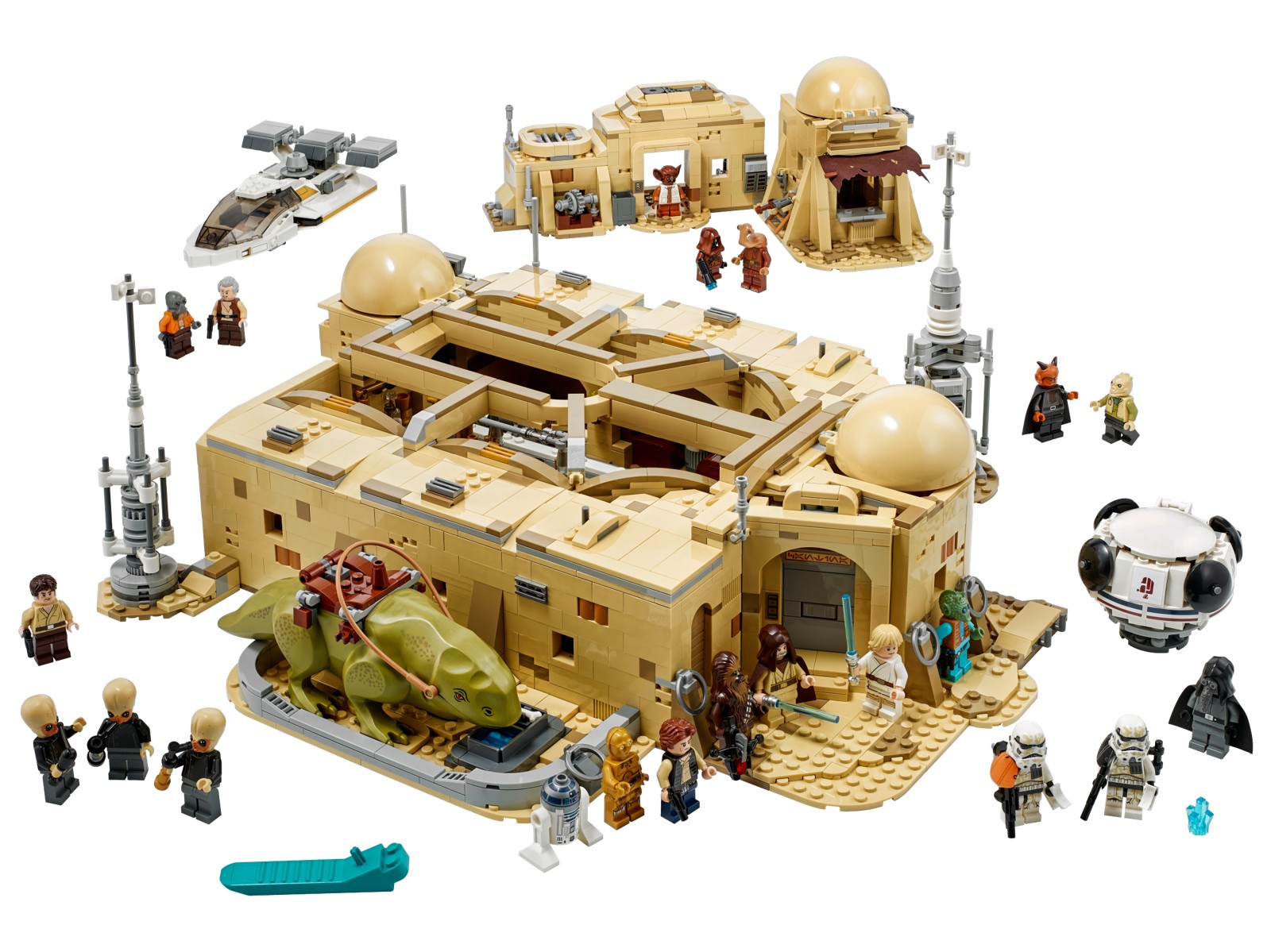 Vue officielle du LEGO 75290 avec la Cantina, deux bâtiments annexes, deux landspeeders, le Dewback et les personnages.