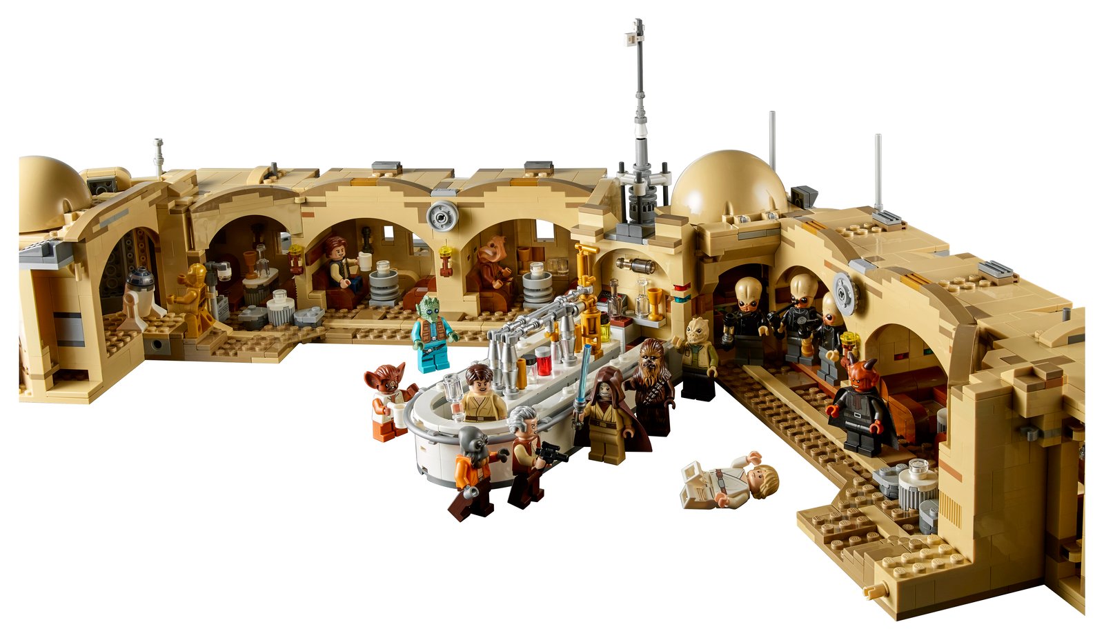 La Cantina LEGO 75290 ouverte, vue du dessus : comptoir, alcôves et sièges.