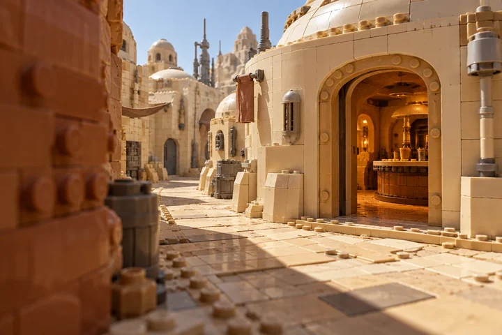 Illustration d’une ruelle de Mos Eisley avec une entrée voûtée ouverte sur une cantina.