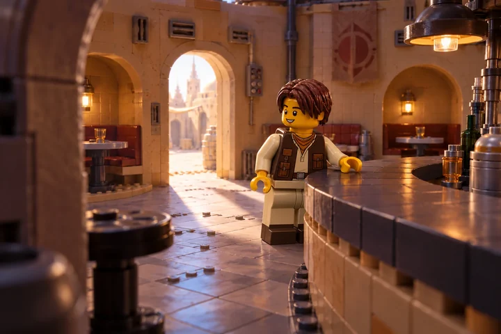Illustration d’une minifigurine près d’un comptoir, avec des alcôves en arrière-plan.