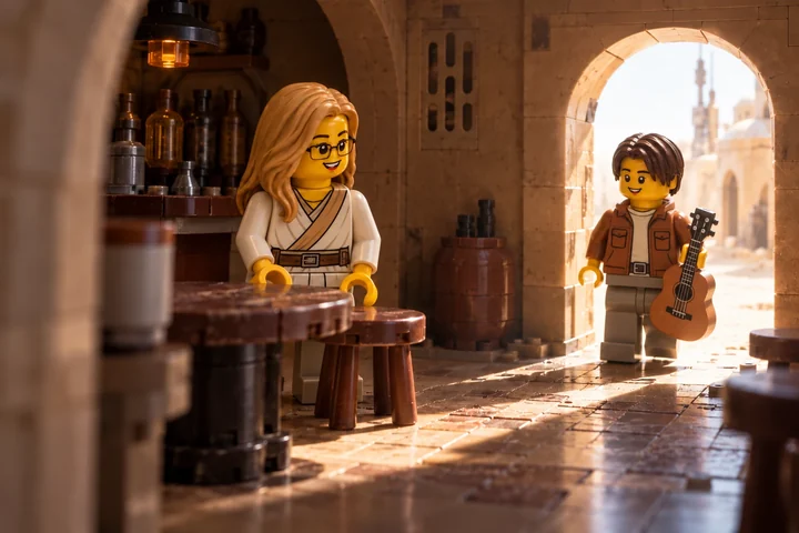 Illustration de deux minifigurines dans une cantina, l’une près d’une table, l’autre avec une guitare.