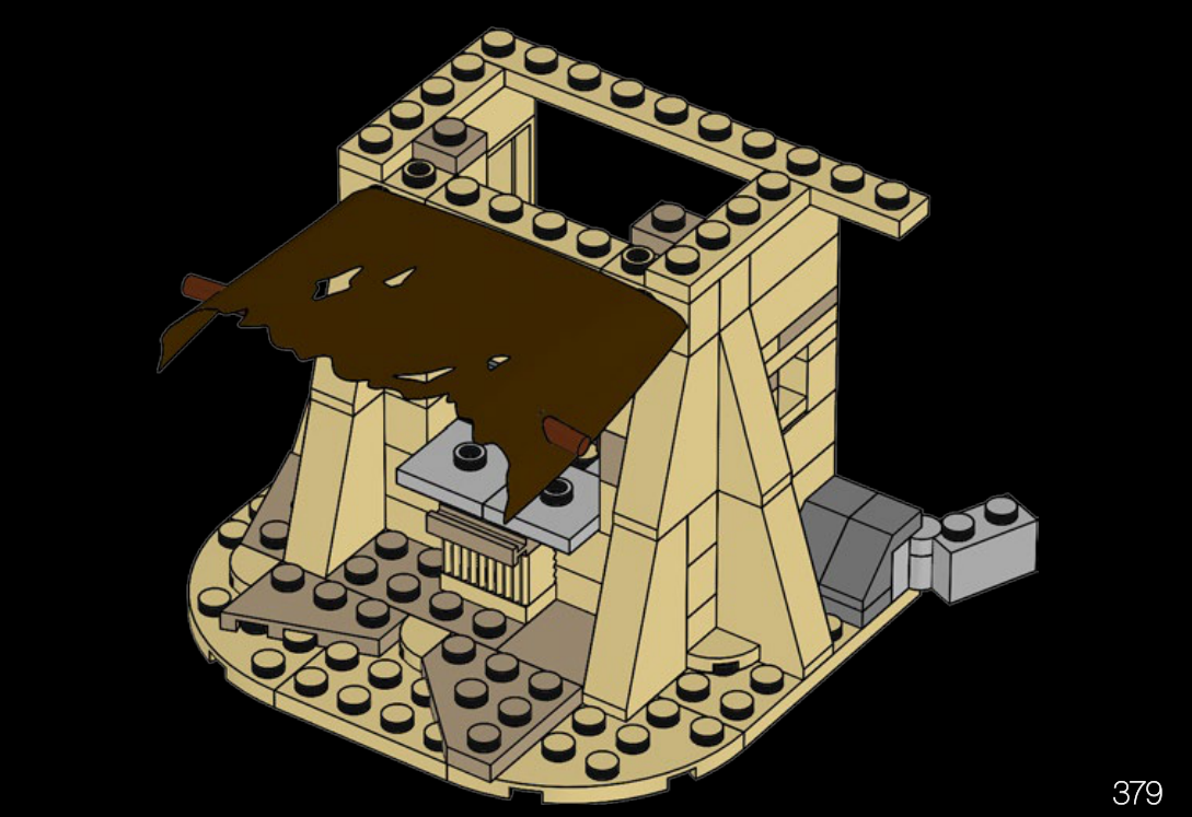 Extrait de la notice LEGO 75290, page 379 : auvent brun foncé ajouré installé sur l’échoppe.