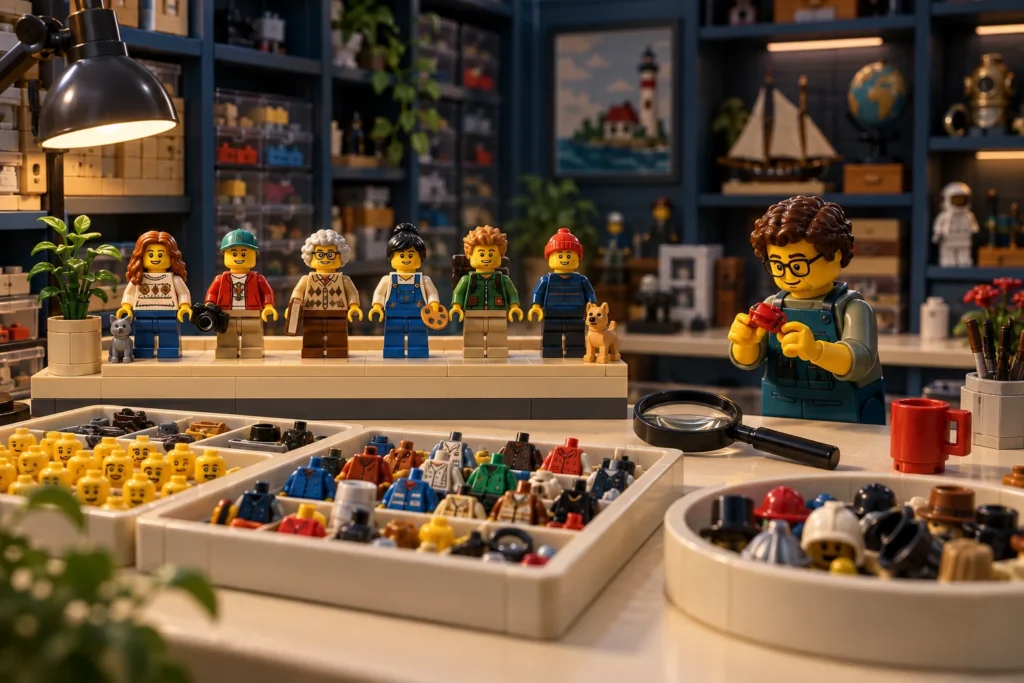 Scène illustrative : des minifigurines et leurs accessoires sont examinés dans un atelier de collection.