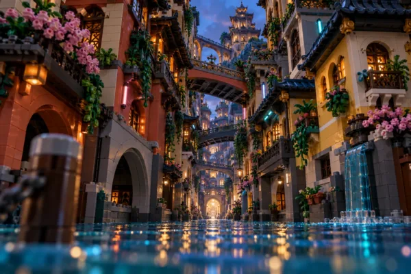 Illustration en briques : vu au ras du canal, un enchevêtrement de passerelles relie des façades colorées en briques, des jardins suspendus et de discrètes lumières bleues et roses.