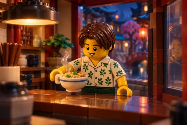 Illustration en briques : une figurine adolescente tient un bol au-dessus du comptoir d’un petit restaurant en briques, devant une fenêtre sur la ville.