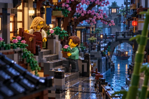 Illustration en briques : une minifigurine aux cheveux châtains monte un escalier de briques avec un pot de fleurs roses ; une minifigurine blonde à lunettes tient le portillon ouvert au-dessus d’un canal dans une ville imaginaire.