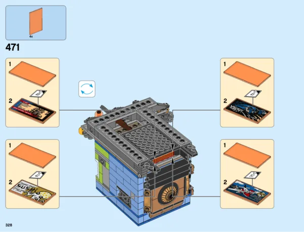 Notice officielle LEGO 70657, page PDF 328 : Quatre panneaux décorés pour l’arcade