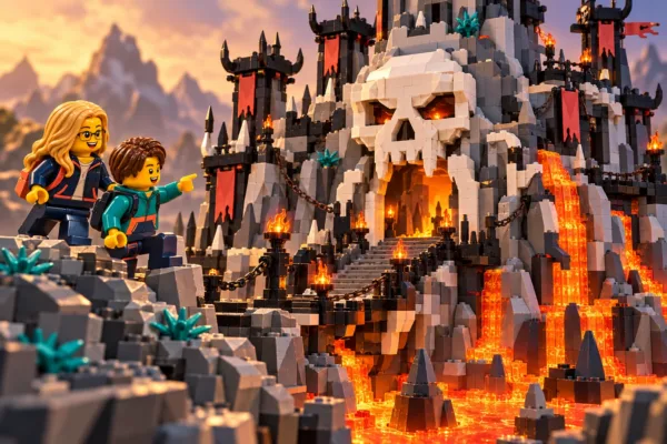 Illustration en briques : deux minifigurines découvrent un donjon rocheux avec porte en crâne blanc et lave orange.