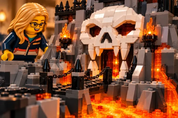 Illustration en briques : une minifigurine à lunettes observe le crâne blanc qui surplombe la lave.