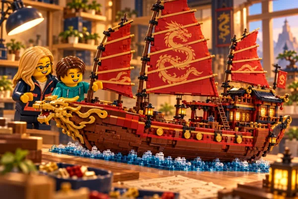 Illustration en briques : deux minifigurines découvrent un voilier brun à voiles rouges et figure de proue dorée.