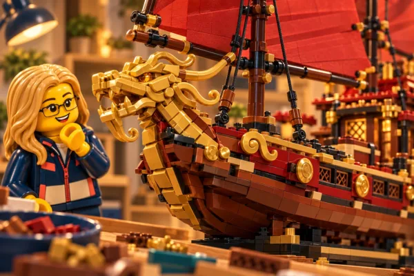 Illustration en briques : une minifigurine à lunettes observe la tête de dragon dorée et le gréement des voiles rouges.