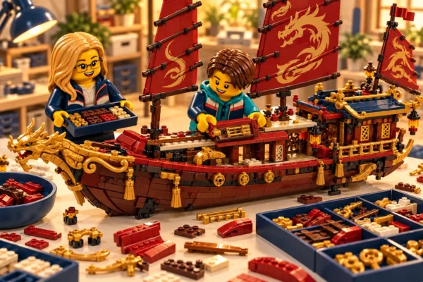 Illustration en briques : deux minifigurines assemblent une construction inspirée de QG des ninjas voilier, avec des pièces triées sur une table.