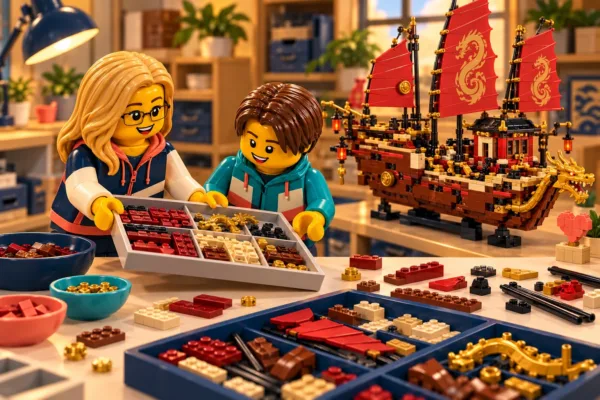 Illustration en briques : deux minifigurines échangent un plateau de pièces près d’une construction inspirée de QG des ninjas voilier.