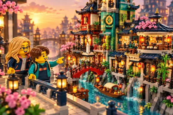 Illustration en briques : deux minifigurines découvrent une ville verticale aux façades colorées au bord d’un canal.