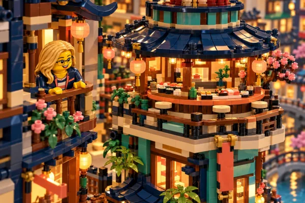 Illustration en briques : une minifigurine à lunettes observe le restaurant circulaire et les balcons superposés.
