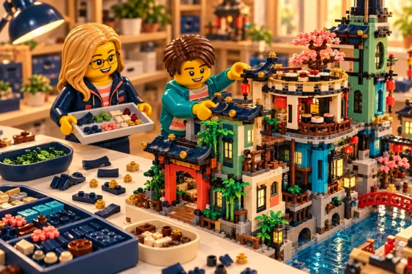 Illustration en briques : deux minifigurines assemblent une construction inspirée de Ville de NINJAGO, avec des pièces triées sur une table.