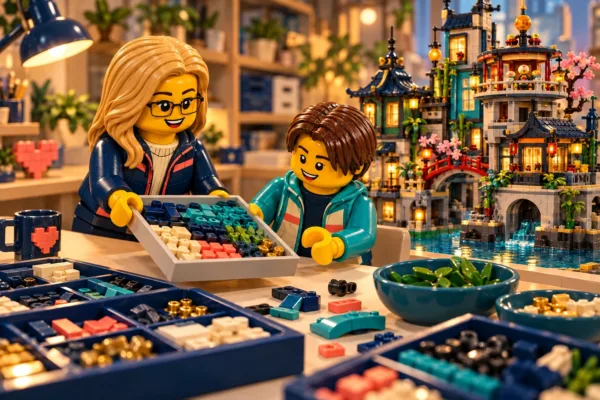 Illustration en briques : deux minifigurines échangent un plateau de pièces près d’une construction inspirée de Ville de NINJAGO.