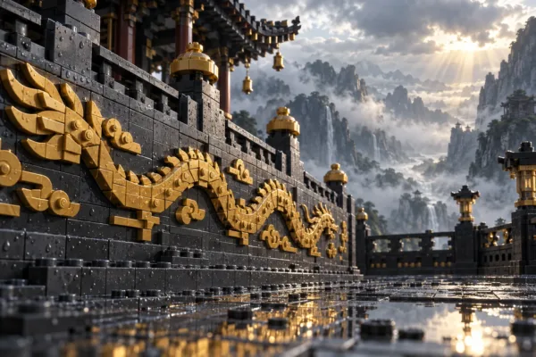 Illustration en briques : une terrasse de temple en briques sombres porte une frise dorée en forme de dragon, devant des montagnes noyées de brume.
