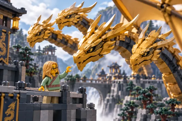 Illustration en briques : une figurine blonde à lunettes se tient sur une plateforme face aux quatre têtes d’un dragon doré en briques.