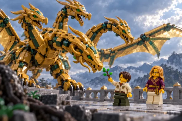 Illustration en briques : une minifigurine aux cheveux châtains tend une branche feuillue vers la tête abaissée d’un dragon doré à quatre têtes en briques ; une minifigurine blonde à lunettes observe depuis la terrasse, devant des montagnes imaginaires.