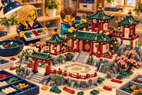 Illustration en briques : deux minifigurines assemblent une construction inspirée de Temple dojo ninja, avec des pièces triées sur une table.