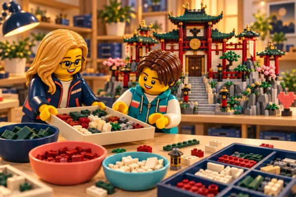Illustration en briques : deux minifigurines échangent un plateau de pièces près d’une construction inspirée de Temple dojo ninja.