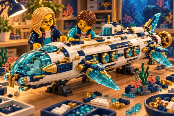Illustration en briques : deux minifigurines découvrent un sous-marin blanc et bleu à cockpit turquoise.