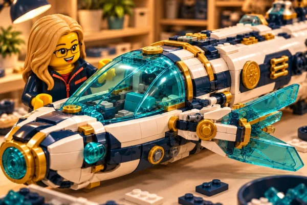 Illustration en briques : une minifigurine à lunettes observe le cockpit turquoise et les nageoires latérales.