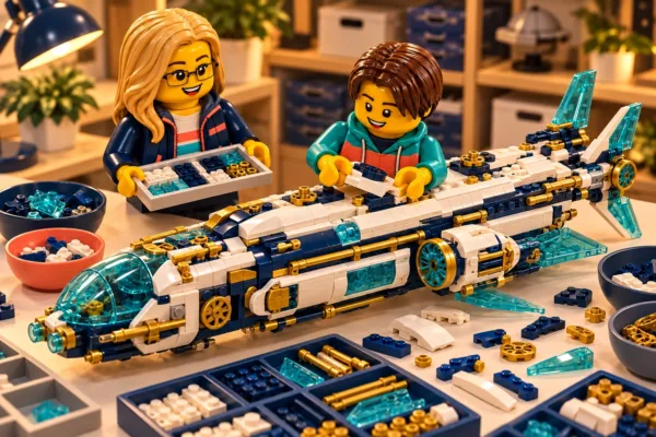 Illustration en briques : deux minifigurines assemblent une construction inspirée de Hydro Bounty, avec des pièces triées sur une table.