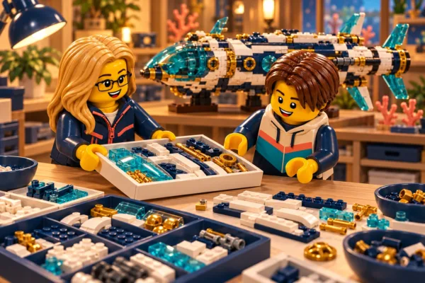 Illustration en briques : deux minifigurines échangent un plateau de pièces près d’une construction inspirée de Hydro Bounty.