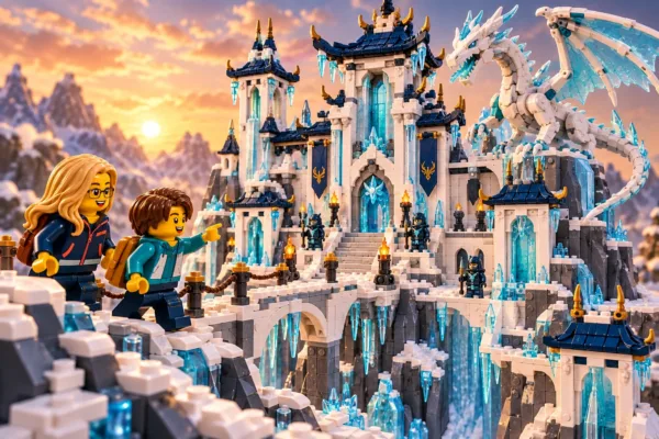 Illustration en briques : deux minifigurines découvrent un château de glace blanc et bleu avec un dragon.