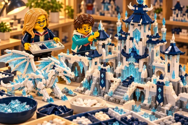 Illustration en briques : deux minifigurines assemblent une construction inspirée de Château de l’Empereur oublié, avec des pièces triées sur une table.