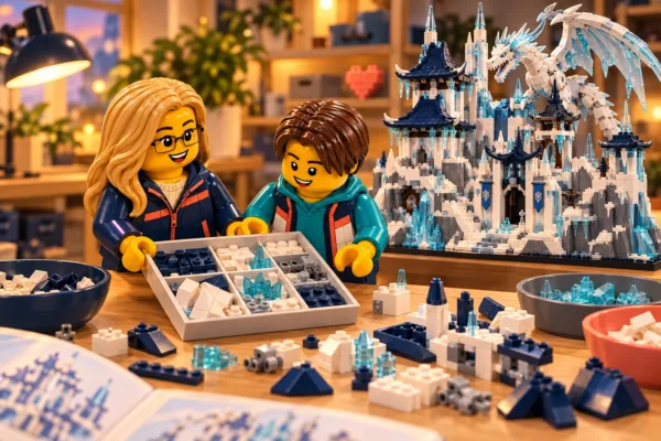 Illustration en briques : deux minifigurines échangent un plateau de pièces près d’une construction inspirée de Château de l’Empereur oublié.