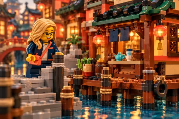 Illustration en briques : une minifigurine à lunettes observe les marches du quai et les façades sur pilotis.