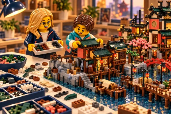 Illustration en briques : deux minifigurines assemblent une construction inspirée de Quais de NINJAGO, avec des pièces triées sur une table.