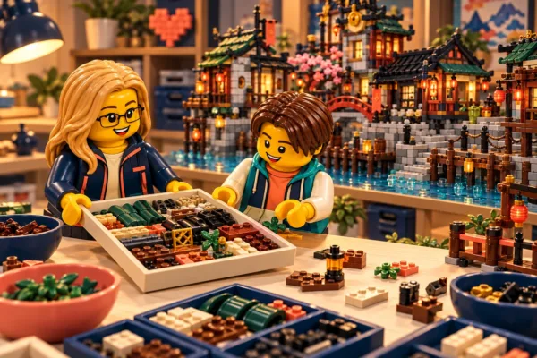 Illustration en briques : deux minifigurines échangent un plateau de pièces près d’une construction inspirée de Quais de NINJAGO.