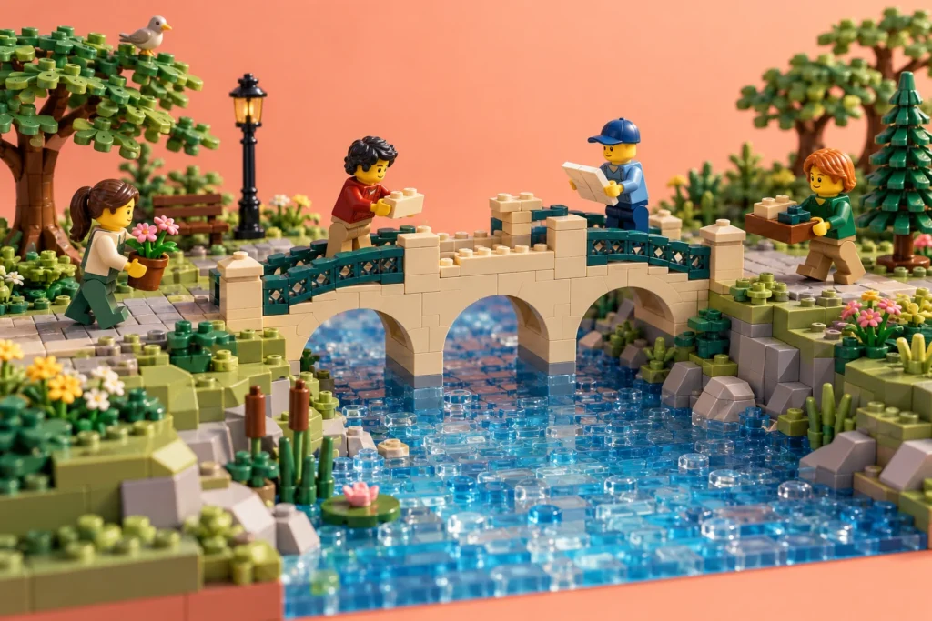 Quatre figurines participent à la construction d’un pont miniature au-dessus d’une rivière en briques.