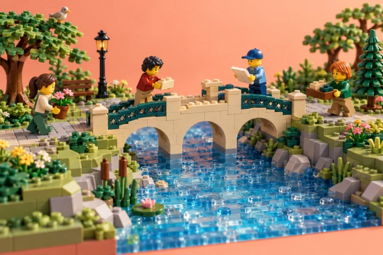 Quatre figurines participent à la construction d’un pont miniature au-dessus d’une rivière en briques.