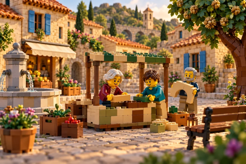 Dans un village miniature en briques, des personnages de générations différentes construisent ensemble un étal.