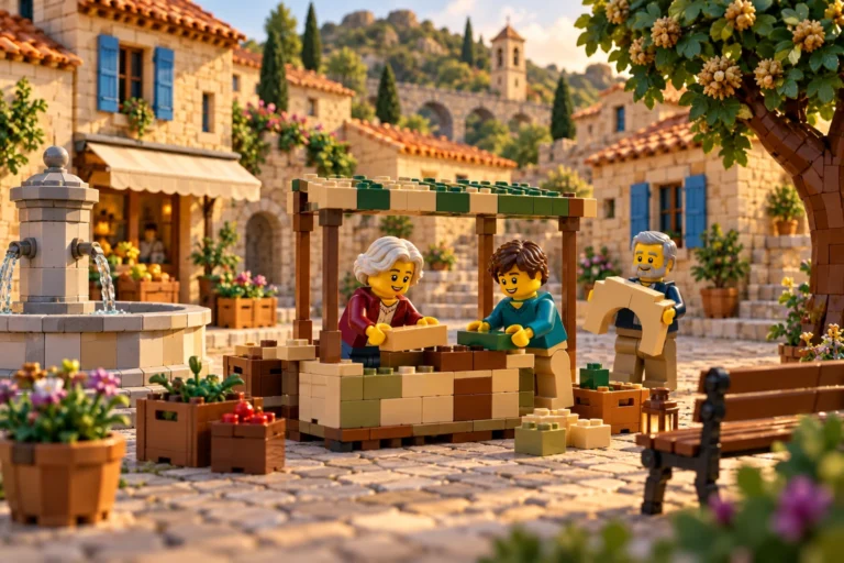 Dans un village miniature en briques, des personnages de générations différentes construisent ensemble un étal.