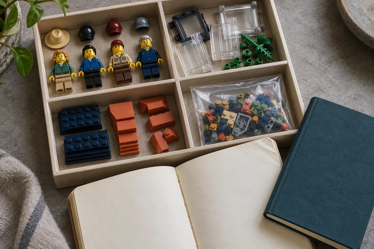 Figurines, vitrages, plaques et petites pièces séparés dans un plateau, à côté de deux livrets.