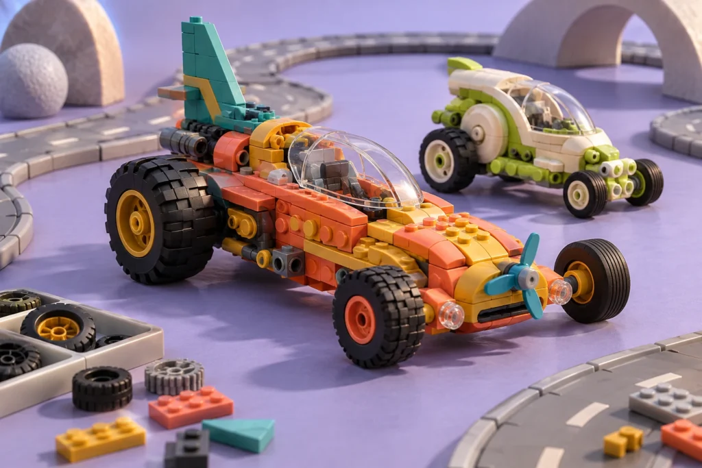 Deux véhicules imaginaires en briques, l’un orange à hélice et l’autre vert, sur un circuit miniature.