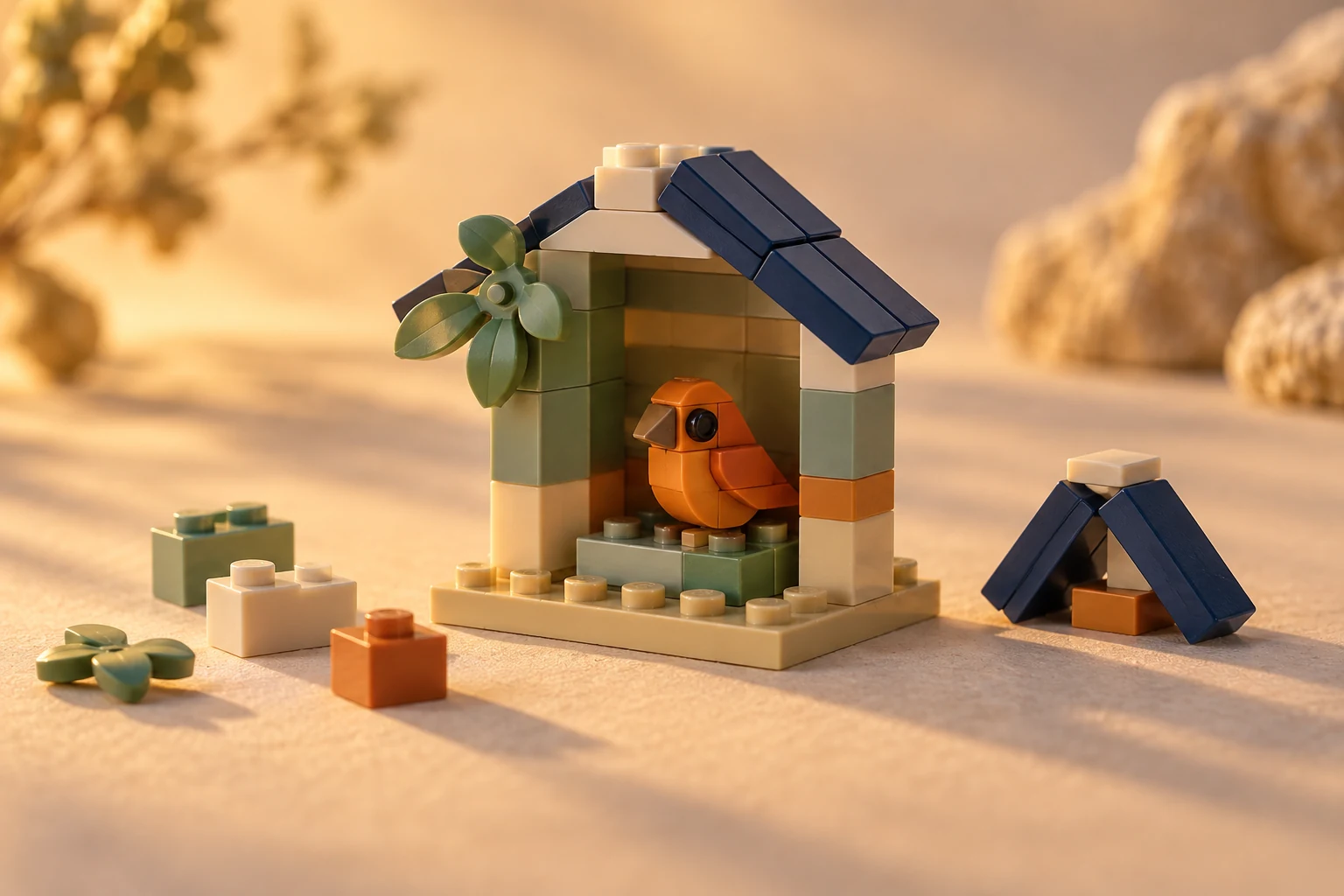 Un petit oiseau en briques abrité sous un toit bleu, avec quelques éléments de construction à côté.