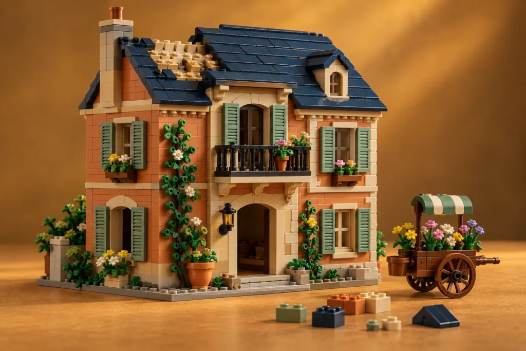 Maison inventée en briques avec une porte manquante, une partie de toit à compléter et un chariot de fleurs.