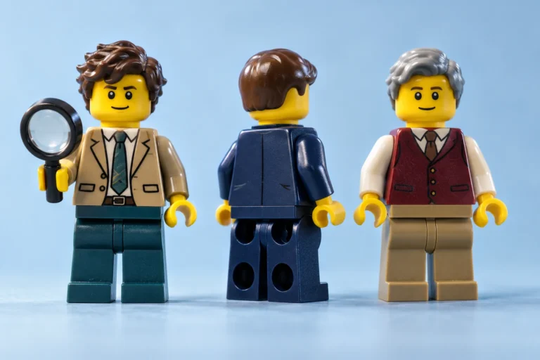 Trois personnages inventés en figurines, présentés de face et de dos avec des tenues et coiffures différentes.