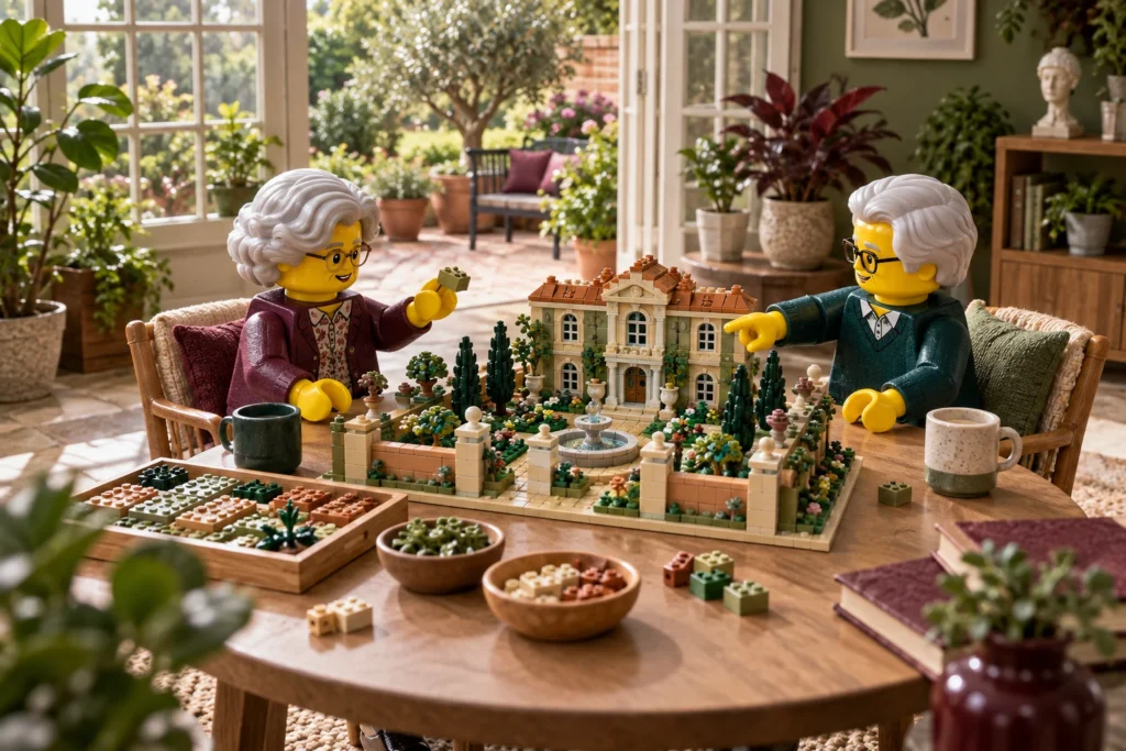 Deux personnages âgés en figurines composent une façade et son jardin autour d’une table lumineuse.